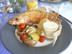 рыба с овощами и стаканом молока на тарелке